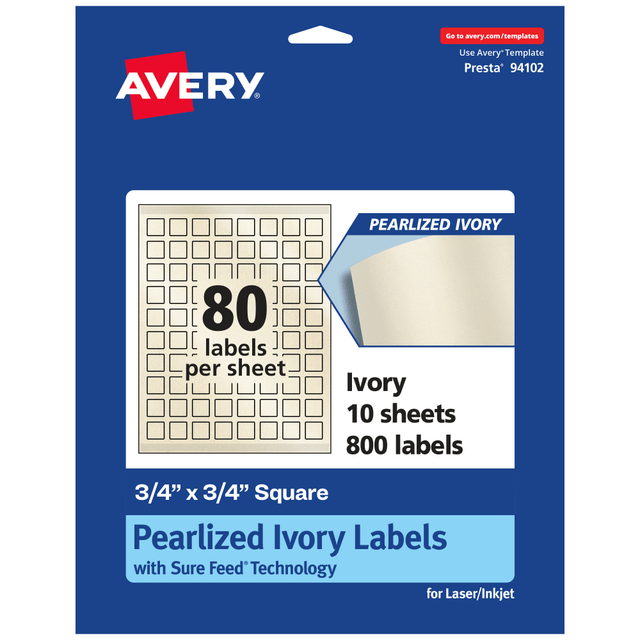 AVERY PRODUCTS CORPORATION 94102-PIP10 Avery Pearlized Permanent Labels With Sure Feed, 94102-PIP10, Square, 3/4in x 3/4in, Ivory, Pack Of 800 Labels AVERY PRODUCTS CORPORATION 94102-PIP10 Avery Pearlized Permanent Labels With Sure Feed, 94102-PIP10, Square, 3/4in x 3/4in, Ivory, Pack Of 800 Labels