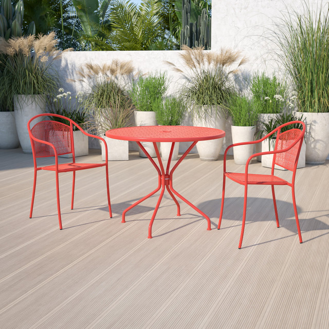 FLASH FURNITURE CO7RED  Oia Commercial Grade 35-1/4in Round Indoor-Outdoor Steel Patio Table With Umbrella Hole, 28-3/4inH x 35-1/4inW x 35-1/4inD, Coral