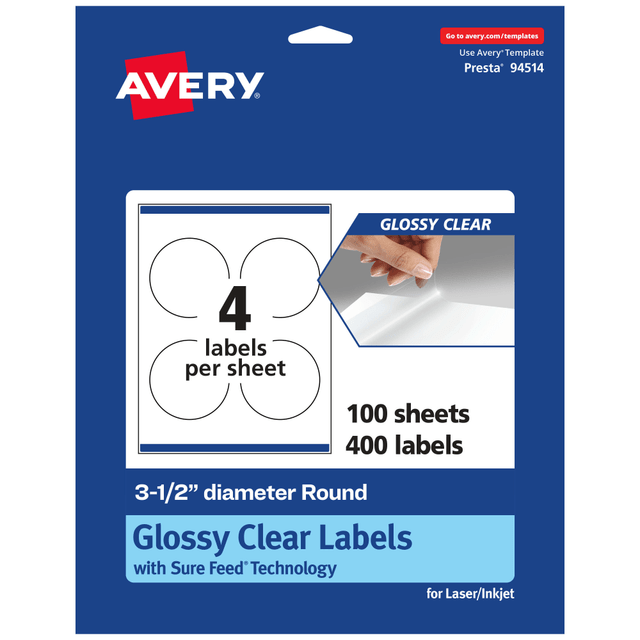 AVERY PRODUCTS CORPORATION 94514-CGF100 Avery Glossy Permanent Labels With Sure Feed, 94514-CGF100, Round, 3-1/2in Diameter, Clear, Pack Of 400 AVERY PRODUCTS CORPORATION 94514-CGF100 Avery Glossy Permanent Labels With Sure Feed, 94514-CGF100, Round, 3-1/2in Diameter, Clear, Pack Of 400