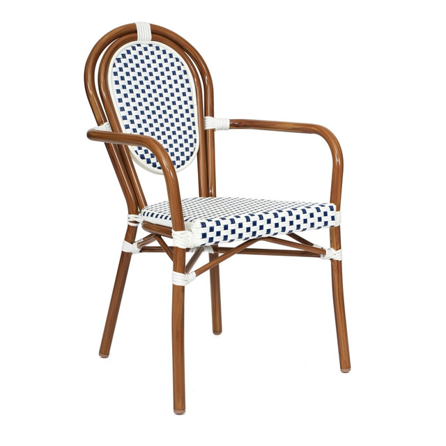 FLASH FURNITURE SDA6422AWNVN Lourdes Indoor/Outdoor Commercial Thonet Bistro Stacking Chair with Arms, PE Rattan and Aluminum Frame, White & Navy/Natural Frame FLASH FURNITURE SDA6422AWNVN Lourdes Indoor/Outdoor Commercial Thonet Bistro Stacking Chair with Arms, PE Rattan and Aluminum Frame, White & Navy/Natural Frame