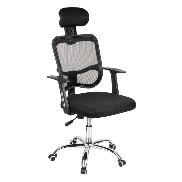 Enhance Your Workspace with a Mobile Desk Chair Designed for mobility and comfort, this swivel desk chair equipped with smooth-rolling casters is an ideal upgrade for your work, study, or browsing activities. Its rolling wheels make it easy to move the chair around your workspace. The chair combines durability and lightness with a strong chrome base and a breathable mesh back to rest your back and head. Unlike many office chairs with flimsy armrests or none at all, this one features sturdy arms that allow you to rest your arms comfortably while working. The flexible backrest allows movement while providing support and features a tiltable headrest. The assembly of this office chair is straightforward and includes clear instructions.  Adjustable height: Adjust the height of the chair from 42.5 to 47 inches (107.95 to 119.38 cm). Finding the perfect height allows you to keep up the momentum of a busy workday  Flexible Back and Padded Seat: The flexible backrest allows movement while providing support and features a tiltable headrest. The supportive seat features a foam cushion with a mesh cover, which provides comfort during long hours of sitting  Ergonomic design: Maintaining good posture is a breeze in this chair designed to provide excellent back support  Durable design: This chair has a nylon frame with mesh back and the sturdy chrome star base features smooth-rolling nylon castors  Dimensions: Chair is 24 inches long x 24 inches wide x 42.5 to 47 inches high (61 x 61 x 108 to 119.38 cm), seat cushion is 18.5inlong x 18.5in wide (47 x 47 cm), backrest is 17.5in (44.5 cm) across, headrest is 11.5in long x 6in high (29.21 x 15.24 cm)