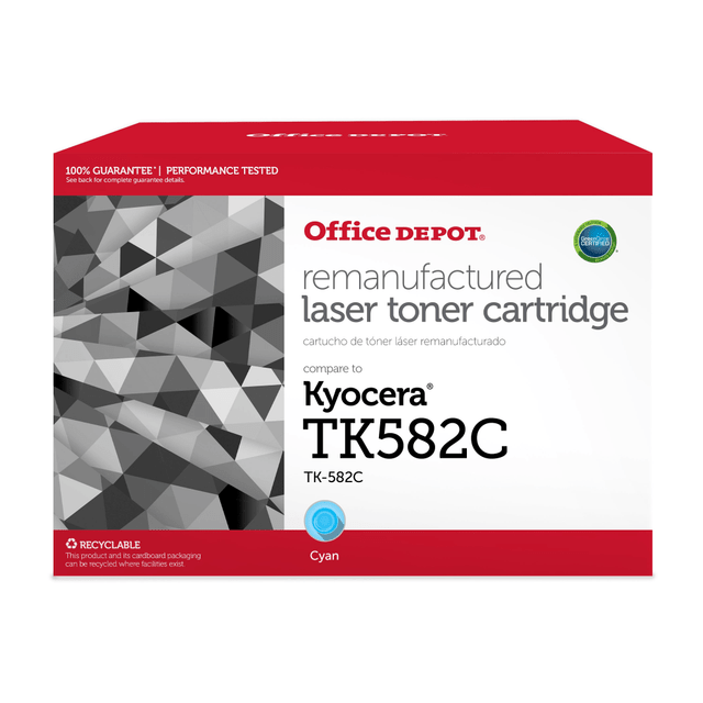 Compatible Kyocera Mita models: FS : FS-C5150DN.   P : P6021cdn.  .  Keep your office printer running smoothly with an Office Depot ODTK582C Standard Yield Cyan Toner Cartridge Replacement For Kyocera Mita TK582. This cartridge offers bold, crisp results.  Comparable to the Kyocera Mita TK582 cartridge.  Yields up to 2,800 pages.  Simple installation.  Remanufactured - made from quality recovered cartridges, helping you save resources, reduce waste and potentially save money.  Recycling solution - designed to encourage recycling, helping you divert materials from landfill.