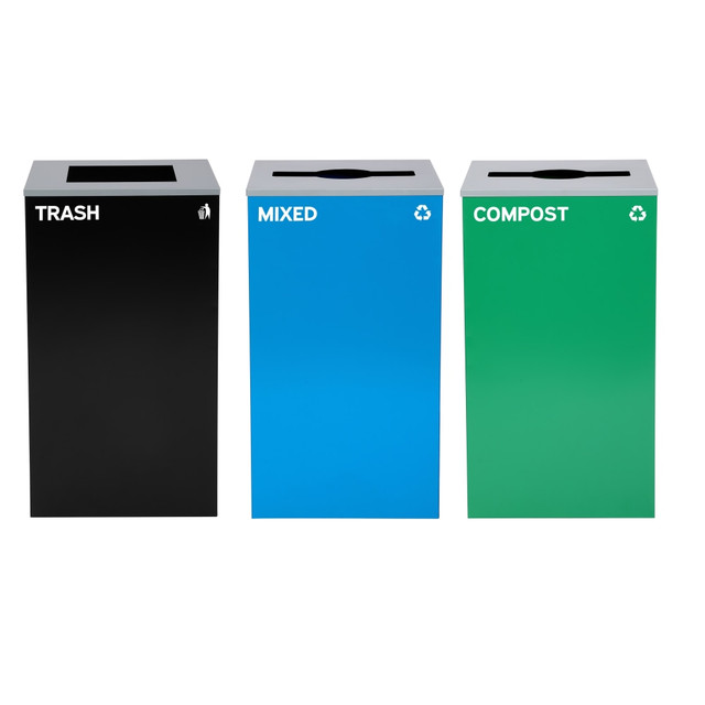 ADIR CORP. ALP4450-BLK-KIT28 Alpine Industries Stainless-Steel Open Top Mixed Recycling, Compost And Trash Can Set With Square And Mixed Lids, 29 Gallons, 30inH x 16-15/16inW x 16-15/16inD, Black/Blue/Green, Set Of 3 Trash Cans ADIR CORP. ALP4450-BLK-KIT28 Alpine Industries Stainless-Steel Open Top Mixed Recycling, Compost And Trash Can Set With Square And Mixed Lids, 29 Gallons, 30inH x 16-15/16inW x 16-15/16inD, Black/Blue/Green, Set Of 3 Trash Cans