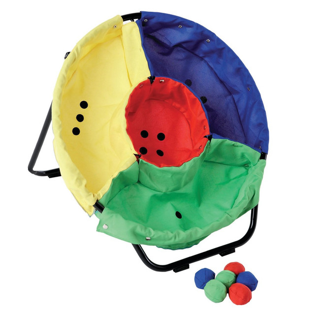 Fine tune your childs basic motor skills with the GONGE Throwing Game. Children can throw the soft juggling balls into the polyester bags attached to the mounted stand to score points.  Designed to improve basic motor functions.  Large mounted stand includes 4 polyester bags in different colors.  6 soft juggling balls are included.  Each polyester bag has a different numeric value to keep track of the score.  Ideal for children ages 2 to 6 years.