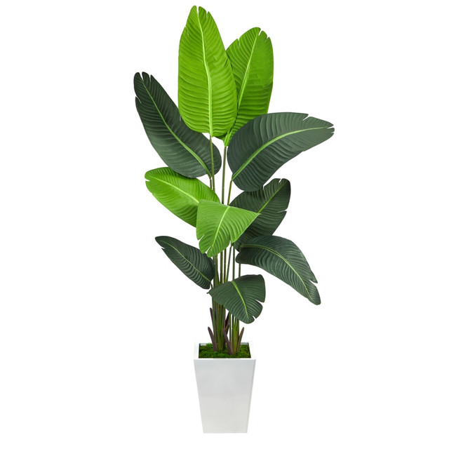 NEARLY NATURAL INC. T2509 Nearly Natural Traveler's Palm 66inH Artificial Plant With Metal Planter, 66inH x 30inW x 25inD, Green/White