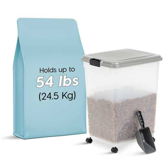 Store pet food, cat litter or wood chips in the Iris Airtight Container. This container is made of plastic for durability, and it has an airtight seal to keep out moisture and pests.  Made of durable plastic.  Airtight seal helps keep out moisture and pests.  Caster wheels provide convenient mobility.  Tapered shape fits into tight spaces.  Includes scoop.  69 qt capacity offers ample storage space.