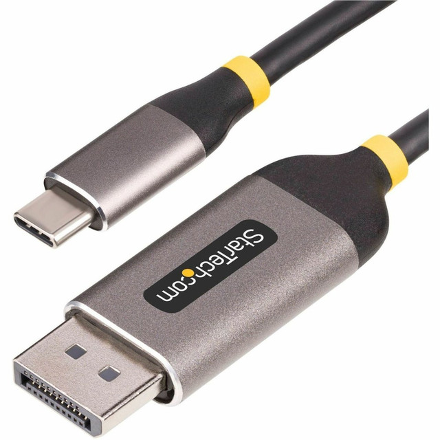 TECH SPECS: 9.8ft USBC to DP Cable is DisplayPort 1.4/1.2 compliant, supporting HDR10, HBR3, and DSC; HDCP 1.4/2.3; 32.4Gbps Bandwidth; Supports 2ch DP audio; Works at lower resolutions (i.e., 4K and 1080p); TPE Jacket; Outside Cable Diameter: 4.3mm  NO DRIVERS OR SOFTWARE: Universal Adapter Cable is compatible with all hardware platforms and any operating system; USB Type-C to DisplayPort Cable works with USB-C DP Alt Mode, USB4, Thunderbolt 3, and Thunderbolt 4 laptops and devices  HOST COMPATIBILITY: Active DP Converter Cable works with laptops and devices from Dell, HP, Lenovo, Microsoft, and more; Apple M1/M2/M3 devices (e.g. MacBook Pro) only support up to 4K 60Hz over USB-C DP Alt Mode and will not be able to achieve 8K 60Hz  BUILD QUALITY & DESIGN: Integrated video adapter and cable minimizes failure points and signal loss; Latching DisplayPort connector ensures a secure connection, minimizing the risk of accidental disconnection; Aluminum shell provides EMI shielding  HIGH PERFORMANCE: 9.8ft (3m) USB-C to DisplayPort Adapter Cable connects a USB-C DP Alt-mode source to an 8K 60Hz/4K 144Hz DisplayPort monitor; Connect a primary or secondary display in extended or mirrored mode