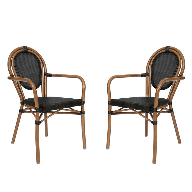 FLASH FURNITURE 2SDA6422ATXTBKN 2 Pack Marseille Indoor/Outdoor Commercial Thonet Bistro Stacking Chair with Arms, Textilene and Bamboo Print Aluminum Frame, Black/Natural Frame FLASH FURNITURE 2SDA6422ATXTBKN 2 Pack Marseille Indoor/Outdoor Commercial Thonet Bistro Stacking Chair with Arms, Textilene and Bamboo Print Aluminum Frame, Black/Natural Frame