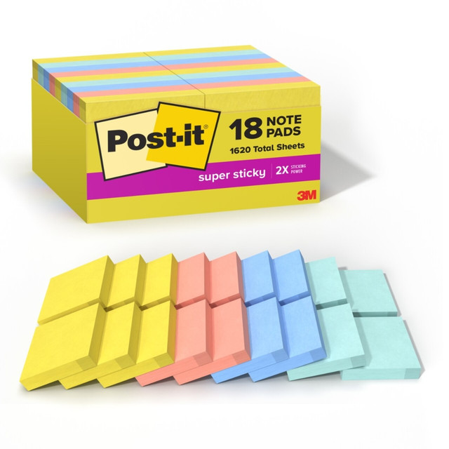 3M CO 622-18SSJOY-CP Post-it Super Sticky Notes, 1-7/8 in x 1-7/8 in, 18 Pads, 90 Sheets/Pad, 2x the Sticking Power, Summer Joy Collection