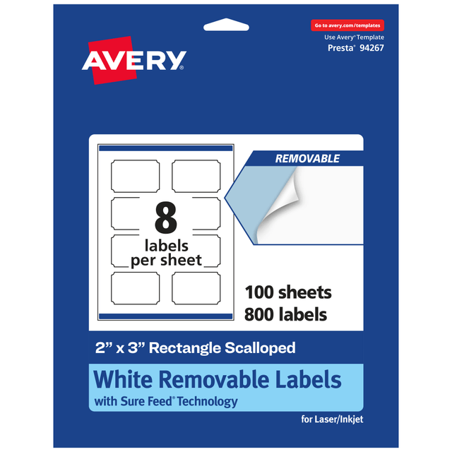 AVERY PRODUCTS CORPORATION 94267-RMP100 Avery Removable Labels With Sure Feed, 94267-RMP100, Rectangle Scalloped, 2in x 3in, White, Pack Of 800 Labels AVERY PRODUCTS CORPORATION 94267-RMP100 Avery Removable Labels With Sure Feed, 94267-RMP100, Rectangle Scalloped, 2in x 3in, White, Pack Of 800 Labels