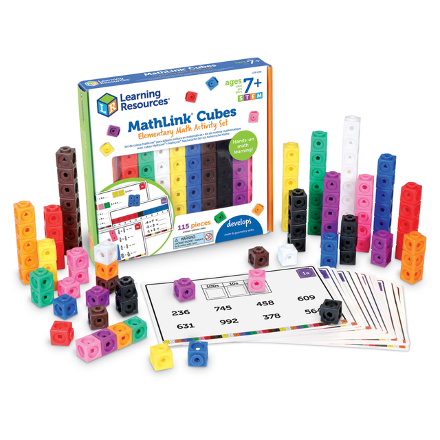 Build new elementary math skills one MathLink Cube at a time with this engaging activity set from Learning Resources. Students can explore addition, subtraction, multiplication, division, geometry, and more through fun challenges that grow with their skills. With 100 colorful cubes and 15 double-sided write-and-wipe cards, this set helps kids master early math fundamentals like fractions, measurement, and place value, while providing extra learning ideas through the included guide.  Build new elementary math skills one MathLink Cube at a time!  Explore addition, subtraction, multiplication, division, geometry, and more!  Solve math cube challenges found on 15 double-sided write-and-wipe cards!  Ready for use in both classroom and homeschool settings