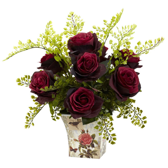 NEARLY NATURAL INC. 1379-BG Nearly Natural Rose & Maiden Hair 13inH Artificial Floral Arrangement With Planter, 13inH x 14inW x 13inD, Burgundy