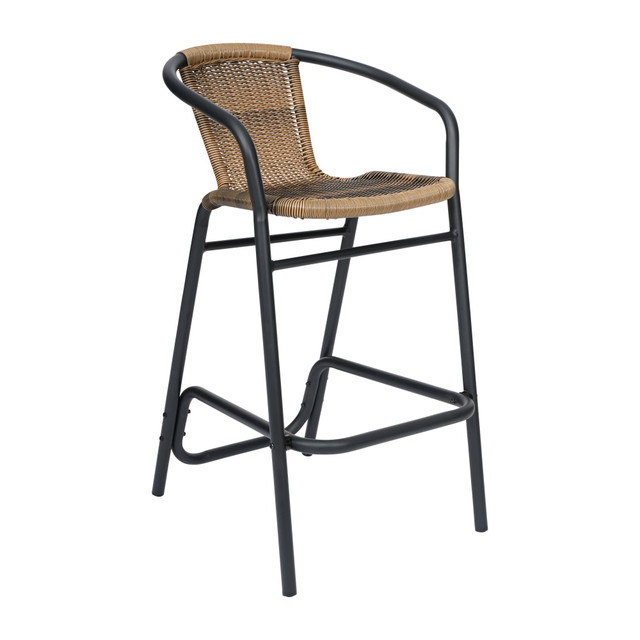 FLASH FURNITURE SDA632032RDKBN  Lila Commercial Grade Indoor-Outdoor PE Rattan Restaurant Barstool with Aluminum Frame and Footrest, Medium Brown