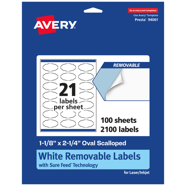 AVERY PRODUCTS CORPORATION 94061-RMP100 Avery Removable Labels With Sure Feed, 94061-RMP100, Oval Scalloped, 1-1/8in x 2-1/4in, White, Pack Of 2,100 Labels AVERY PRODUCTS CORPORATION 94061-RMP100 Avery Removable Labels With Sure Feed, 94061-RMP100, Oval Scalloped, 1-1/8in x 2-1/4in, White, Pack Of 2,100 Labels