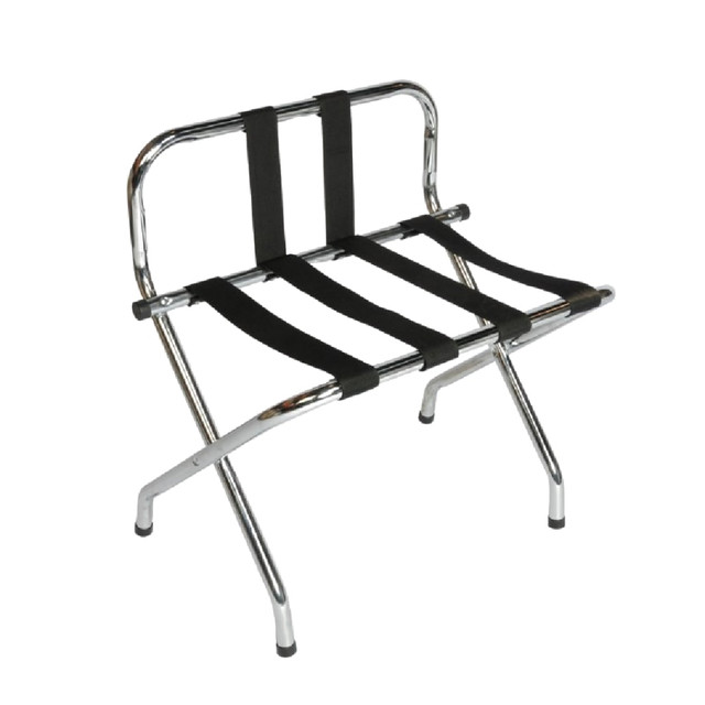 CENTRAL SPECIALTIES CO. 1055B-C-BL-1 CSL High Back Metal Luggage Rack with Back Webbing, 26inH x 24inW x 16inD, Chrome/Black