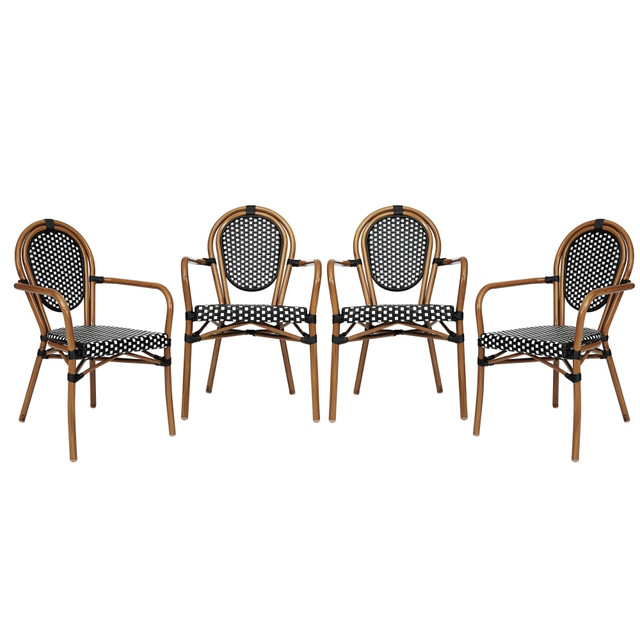 FLASH FURNITURE 4SDA6422ABWNAT  4 Pack Lourdes Indoor/Outdoor Commercial Thonet Bistro Stacking Chair with Arms, PE Rattan and Aluminum Frame, Black & White/Natural Frame
