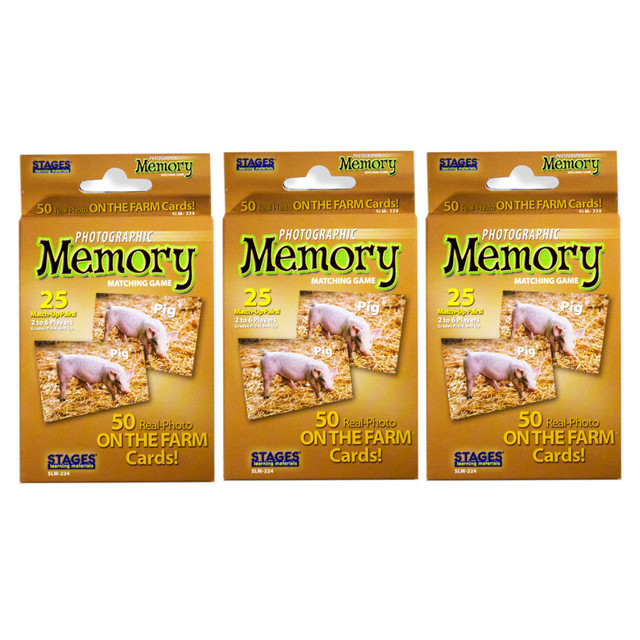 The Stages Learning Materials Photographic Memory Matching Games are great for young learners. These matching games feature cards with realistic photographs and the name of the picture to promote early sight reading.  Matching games help children build memory skills in a fun way.  Cards feature colorful, realistic photographs.  Cards also have the name of the picture to promote early sight reading.  Card deck is ideal for playing any game that involves pairs.  Each game includes 50 cards (25 matched pairs).  For 2 to 6 players, ages pre-k and up.  Fun on the farm theme.