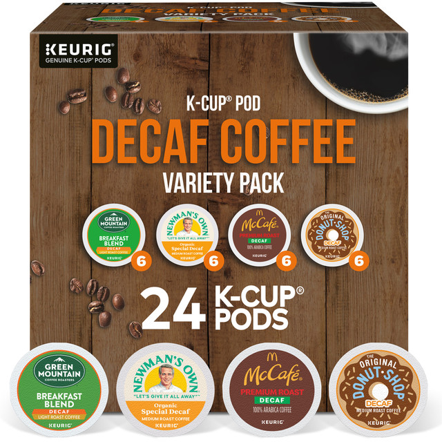 Start your morning off right with the Green Mountain Coffee Roasters K-Cup Variety Sampler Decaf Coffee Pack. The pack includes a selection of decaf coffee made from 100% Arabica coffee for a smooth, bold taste without all the caffeine.  Made of 100% Arabica coffee for a smooth, bold taste.  Decaf coffee provides plenty of flavor without all the caffeine.  K-Cup pods are compatible with most Keurig machines.  Recyclable.  Includes McCafe Decaf Premium Roast, Original Donut Shop Decaf, Newmans Own Organic Special Decaf and Green Mountain Roasters Breakfast Blend Decaf.