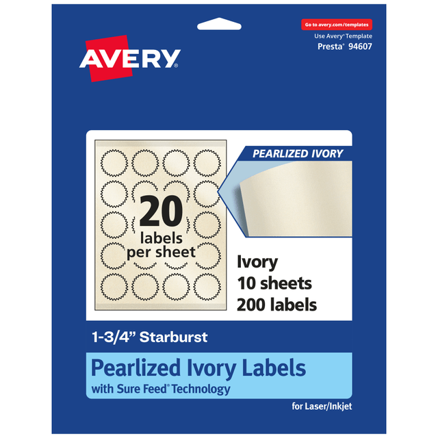 AVERY PRODUCTS CORPORATION 94607-PIP10 Avery Pearlized Permanent Labels With Sure Feed, 94607-PIP10, Starburst, 1-3/4in, Ivory, Pack Of 200 Labels AVERY PRODUCTS CORPORATION 94607-PIP10 Avery Pearlized Permanent Labels With Sure Feed, 94607-PIP10, Starburst, 1-3/4in, Ivory, Pack Of 200 Labels