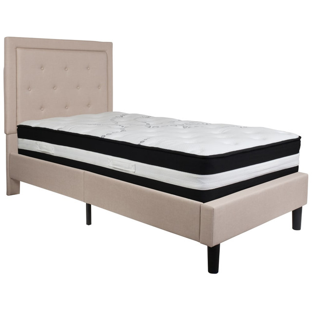 FLASH FURNITURE SLBM17  Roxbury Panel Tufted Upholstered Platform Bed and Pocket Spring Mattress, Twin, 51inH x 44-1/2inW x 81inL, Beige