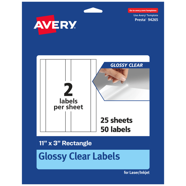 AVERY PRODUCTS CORPORATION 94265-CGF25 Avery Glossy Permanent Labels, 94265-CGF25, Rectangle, 11in x 3in, Clear, Pack Of 50 AVERY PRODUCTS CORPORATION 94265-CGF25 Avery Glossy Permanent Labels, 94265-CGF25, Rectangle, 11in x 3in, Clear, Pack Of 50