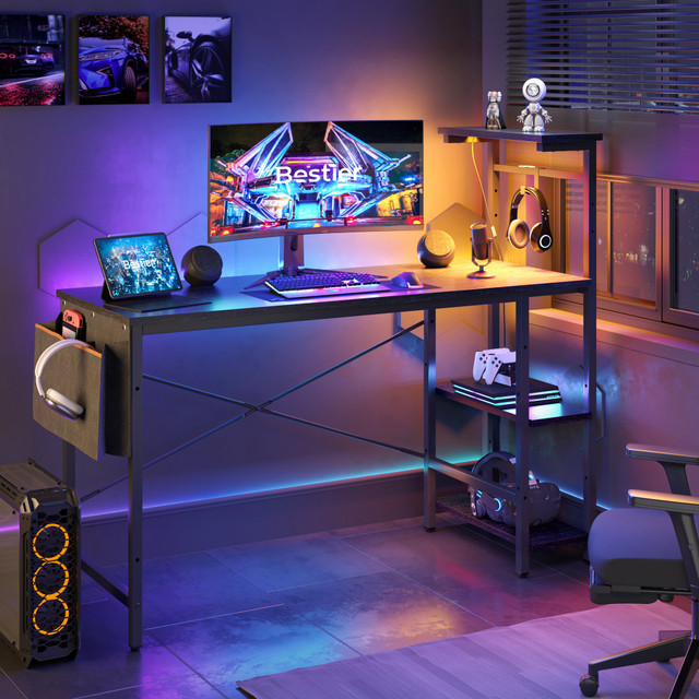 BESTIER D513S-BLKG RGB Gaming Desk With Storage Shelf & Side Pocket, 52inW, Black Grained BESTIER D513S-BLKG RGB Gaming Desk With Storage Shelf & Side Pocket, 52inW, Black Grained