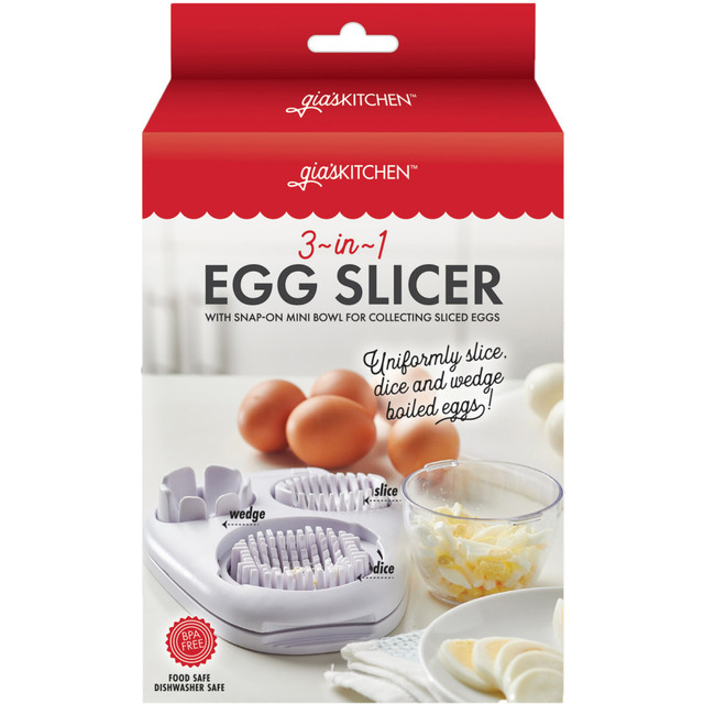 D2 MARKETING 23594 giasKITCHEN 23594 3-in-1 Egg Slicer with Snap-on Mini Bowl, Stainless Steel, 3inH x 5-13/16inW x 9-1/4inD, White D2 MARKETING 23594 giasKITCHEN 23594 3-in-1 Egg Slicer with Snap-on Mini Bowl, Stainless Steel, 3inH x 5-13/16inW x 9-1/4inD, White