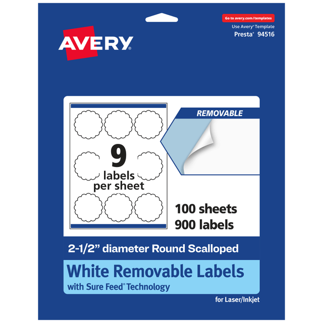 AVERY PRODUCTS CORPORATION 94516-RMP100 Avery Removable Labels With Sure Feed, 94516-RMP100, Round Scalloped, 2-1/2in Diameter, White, Pack Of 900 Labels AVERY PRODUCTS CORPORATION 94516-RMP100 Avery Removable Labels With Sure Feed, 94516-RMP100, Round Scalloped, 2-1/2in Diameter, White, Pack Of 900 Labels