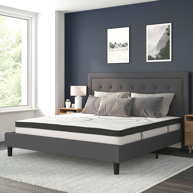 FLASH FURNITURE SLBM1032  Roxbury Tufted Upholstered Platform Bed with 10in CertiPUR-US Certified Foam and Pocket Spring Mattress, King, 50-3/4inH x 81inW x 85-1/4inL, Dark Gray