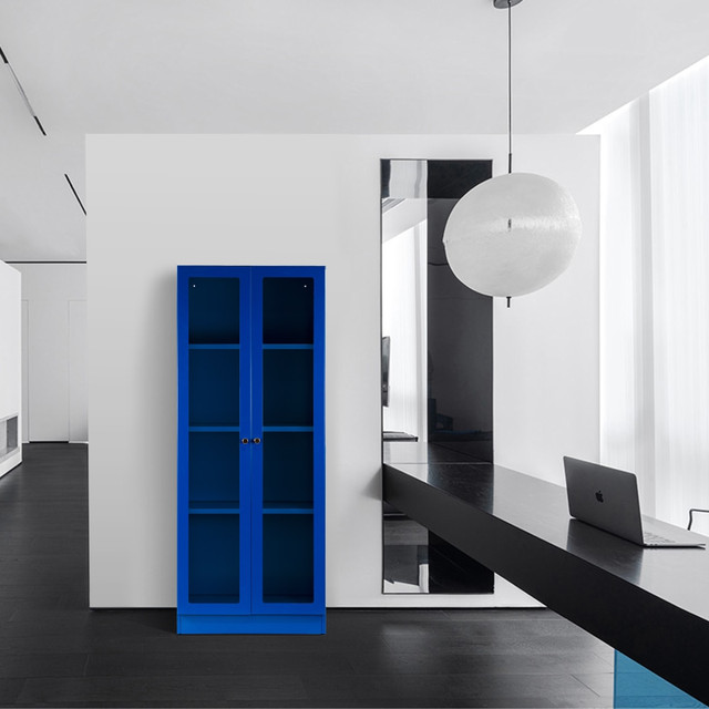 GLAMOUR HOME GHBC-1570 Avice 24inW 4-Shelf Metal Cabinet With Doors, Blue GLAMOUR HOME GHBC-1570 Avice 24inW 4-Shelf Metal Cabinet With Doors, Blue