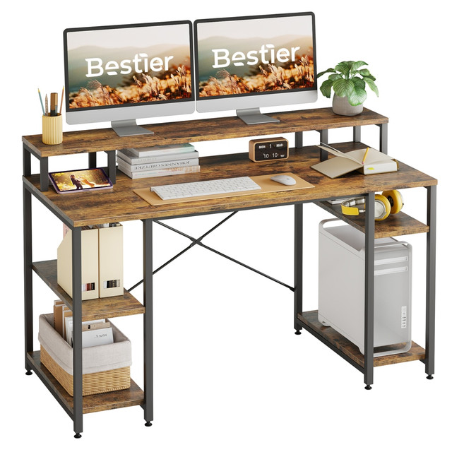 BESTIER D074G-RST 56inW Student Desk With Monitor Stand & Storage Shelf, Rustic Brown BESTIER D074G-RST 56inW Student Desk With Monitor Stand & Storage Shelf, Rustic Brown