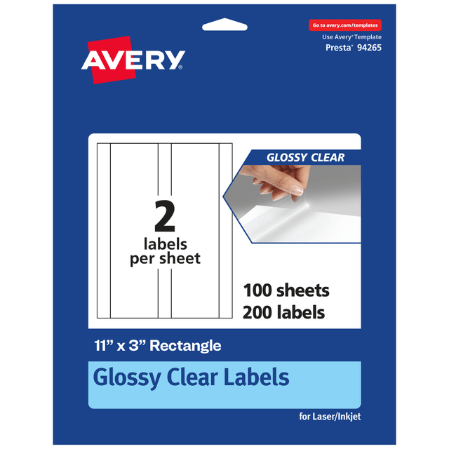 AVERY PRODUCTS CORPORATION 94265-CGF100 Avery Glossy Permanent Labels, 94265-CGF100, Rectangle, 11in x 3in, Clear, Pack Of 200 AVERY PRODUCTS CORPORATION 94265-CGF100 Avery Glossy Permanent Labels, 94265-CGF100, Rectangle, 11in x 3in, Clear, Pack Of 200
