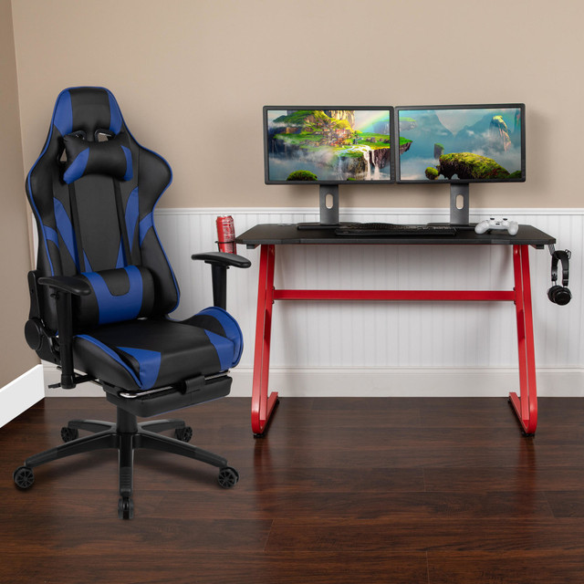 FLASH FURNITURE BLNX30RSG1030BL Gaming Desk And Reclining Chair Set With Cup Holder And Headphone Hook, Blue FLASH FURNITURE BLNX30RSG1030BL Gaming Desk And Reclining Chair Set With Cup Holder And Headphone Hook, Blue