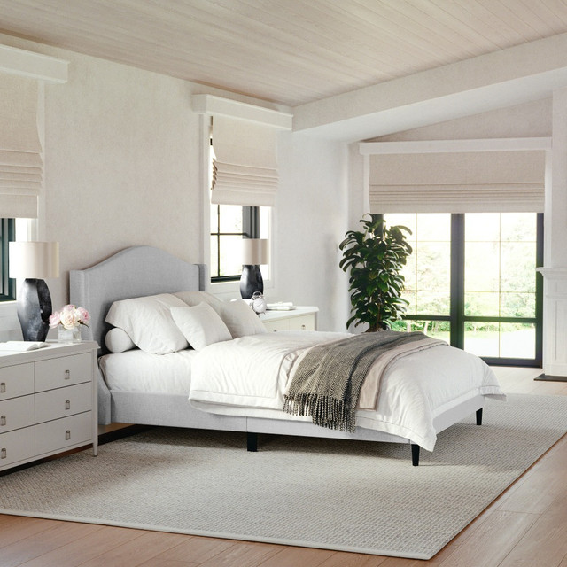 FLASH FURNITURE TW3WDB02BFGY Martha Stewart Amelia Upholstered Platform Bed with Curved Headboard and Cushioned Siderails, Wood Slat Foundation with No Box Spring Needed, Gray Fabric/Black Legs, Full FLASH FURNITURE TW3WDB02BFGY Martha Stewart Amelia Upholstered Platform Bed with Curved Headboard and Cushioned Siderails, Wood Slat Foundation with No Box Spring Needed, Gray Fabric/Black Legs, Full