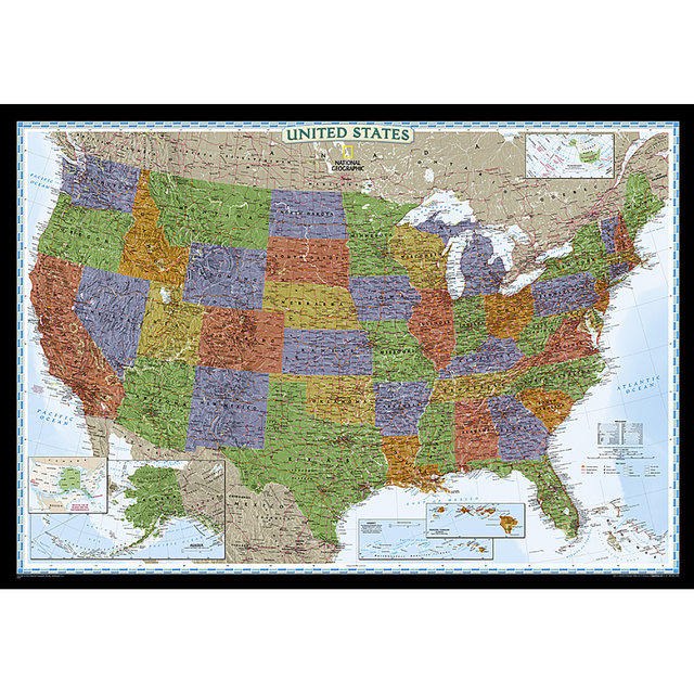 National Geographics Decorator style map of the United States features rich, attractive color fills that bring any room or classroom to life. The map clearly highlights the differences in the urban and physical geography of each state, and national parks are outlined with eye-catching green vignettes.  All 50 States are featured including insets for Alaska and the Hawaiian Islands.  An inset demonstrating the relative size of Alaska is shown as well.  All major cities, transportation routes, State boundaries, inland waterways, and mountain ranges are clearly displayed and labeled.  The map is encapsulated in heavy-duty 1.6 mil laminate which makes the paper much more durable and resistant to the swelling and shrinking caused by changes in humidity.  Laminated maps can be framed without the need for glass, so the frames can be much lighter and less expensive.  Measures 43.5in x 30.5in.