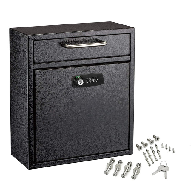 ADIR CORP. ADI631-05-BLK-KC Alpine AdirOffice Medium Drop Box Wall Mounted Locking Mail Box With Key And Combination Lock, 12inH x 10-9/16inW x 4-3/4inD, Black ADIR CORP. ADI631-05-BLK-KC Alpine AdirOffice Medium Drop Box Wall Mounted Locking Mail Box With Key And Combination Lock, 12inH x 10-9/16inW x 4-3/4inD, Black