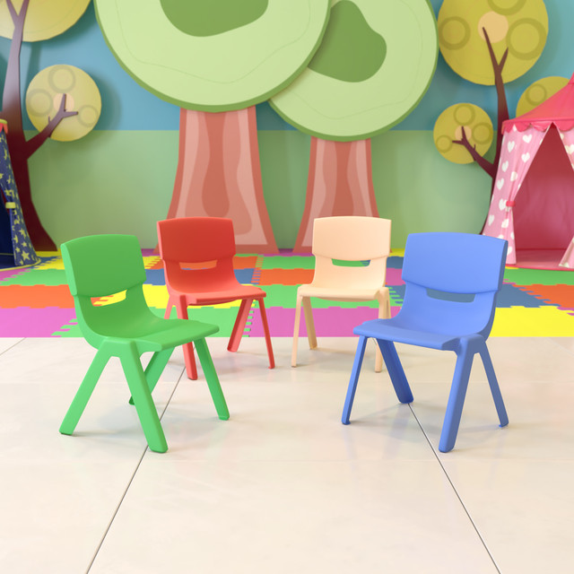 Upgrade your classroom with a set of Flash Furniture Plastic Stackable School Chairs With 10-1/2in Seat Height. These dynamic chairs have a contoured polypropylene seat for durability and comfort.  Overall Dimensions: 20inH x 12-1/2inW x 14inD.  Weight capacity tested to support 154 lb.  Made from durable plastic.  Contoured polypropylene shell.  Chairs can stack up to 10 high for storage.  Recommended for preschool ages.  Save time - no assembly required.