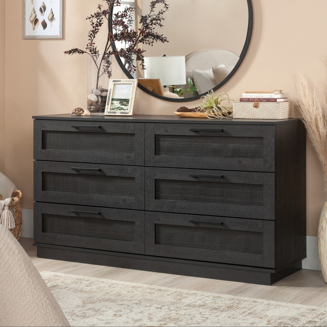 SAUDER WOODWORKING CO. 433514 Sauder Tiffin Line Rattan 6-Drawer Dresser, 33-3/4inH x 58-5/8inW x 17-1/2inD, Raven Oak/Dark Finish SAUDER WOODWORKING CO. 433514 Sauder Tiffin Line Rattan 6-Drawer Dresser, 33-3/4inH x 58-5/8inW x 17-1/2inD, Raven Oak/Dark Finish