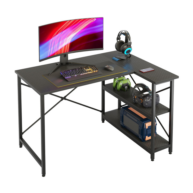 BESTIER BEST-1298-D31GAM L-Shaped Corner Desk With Storage Shelf, 48inW, Black Carbon Fiber BESTIER BEST-1298-D31GAM L-Shaped Corner Desk With Storage Shelf, 48inW, Black Carbon Fiber
