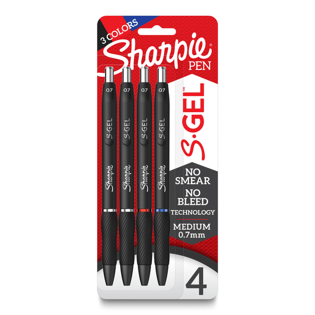 Experience a high-performance gel pen with the Sharpie S-Gel. With no smear, no bleed technology, this Sharpie pen delivers an exceptional writing experience. The gel ink pen features intensely bold colors for always vivid writing, while the contoured rubber grip provides you a comfortable writing experience during any writing task.  Gel pen with no smear, no bleed technology  Intensely bold gel ink colors offer always vivid writing  Contoured rubber grip for a comfortable writing experience  Medium Point (0.7mm)  Includes 2 black, 1 blue, and 1 red gel ink pens  Refillable - designed to be used repeatedly, helping you avoid single-use disposables and potentially save money.