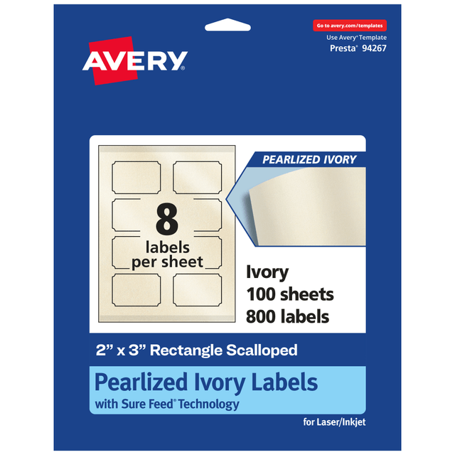 AVERY PRODUCTS CORPORATION 94267-PIP100 Avery Pearlized Permanent Labels With Sure Feed, 94267-PIP100, Rectangle Scalloped, 2in x 3in, Ivory, Pack Of 800 Labels AVERY PRODUCTS CORPORATION 94267-PIP100 Avery Pearlized Permanent Labels With Sure Feed, 94267-PIP100, Rectangle Scalloped, 2in x 3in, Ivory, Pack Of 800 Labels