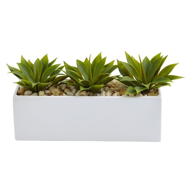 NEARLY NATURAL INC. 6916 Nearly Natural Agave Succulent 7inH Artificial Plant With Rectangular Planter, 7inH x 13inW x 5-1/2in, Green