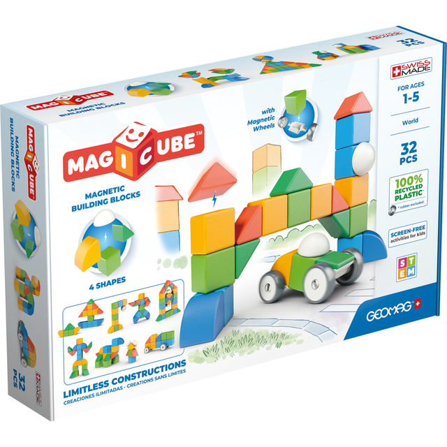 Magicube Magnetic Building Blocks will allow your toddler to build different shapes, color combinations and 3D structures using Geomag Magicubes that are uniquely designed to connect on all sides.  Includes four block shapes allowing toddlers to build a large assortment of construction projects!  STEM.org authenticated Magicubes help in the development of creativity, fine motor skills in addition to stimulating imaginative play and curiosity through the science of magnetic construction.  Inclues 32 pieces.  Contains Recycled Content - See Specs for Details.