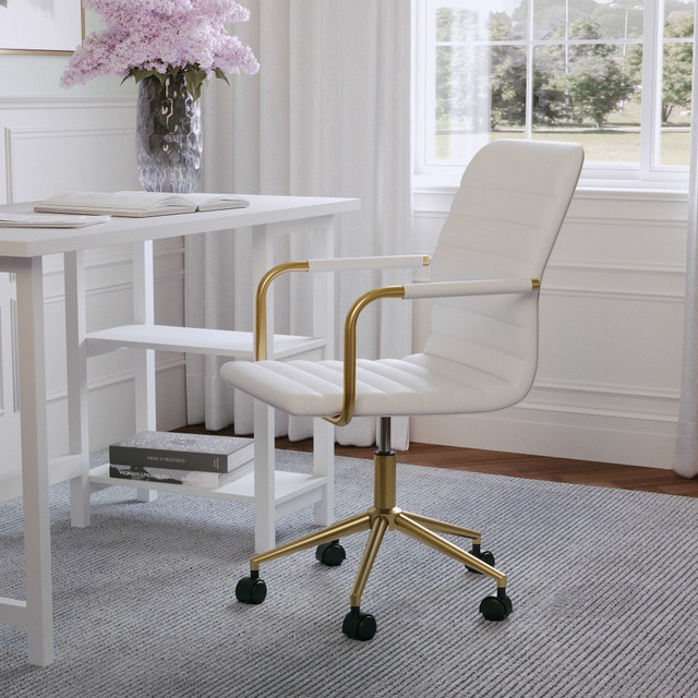 FLASH FURNITURE CH142370WHGLD Martha Stewart Taytum Faux Leather Upholstered Mid-Back Executive Office Chair, White/Polished Brass FLASH FURNITURE CH142370WHGLD Martha Stewart Taytum Faux Leather Upholstered Mid-Back Executive Office Chair, White/Polished Brass