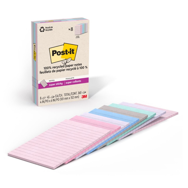 Whether jotting down your daily to-dos, brainstorming big ideas, studying or setting reminders, colors and ideas are always brighter together. These sticky notes feature 2X the sticking power. They also stick and re-stick - allowing you to move your notes with you throughout your day. They"re ideal for walls, doors, windows and other vertical surfaces, and like all Post-it Notes, they stick securely yet remove cleanly without damage. Keep your ideas across your notebooks, classroom books, calendars or other documents. No tape or tacks are needed with the water-based adhesive on these notes, saving you money and time on office products or school supplies. A great memo pad, these are ideal for using for notes or reminders to yourself or others. Post-it Super Sticky Notes are the perfect solution for shopping lists, reminders, notes on computer screens, time tracking, to-do lists, marking cables, color-coding documents, reminding kids to do chores, storyboarding, scratch paper and agile processing.  VERSATILE AND ESSENTIAL: Post-it Super Sticky Lined Notes are the perfect solution for shopping lists, reminders, to-do lists, color-coding, labeling, family chore reminders, brainstorming, storyboarding, and quick notes  VARIOUS SIZES AND SHAPES: Available in different sizes, with or without lines, to cater to your specific needs  EYE-CATCHING COLORS: Vibrant and colorful reminders are more likely to grab attention and be noticed  STICK AND RESTICK ANYWHERE: These notes use water-based adhesive to stick firmly to walls, windows, doors, and other vertical surfaces, allowing you to move your reminders with ease  ENHANCE YOUR NOTE-TAKING EXPERIENCE: Download the free Post-it App on your smartphone or tablet to enjoy the simplicity and convenience of Post-it Notes anytime and anywhere  GET ORGANIZED: Each pack includes 8 pads of 4 in. x 6 in. lined notes, with 45 sheets per pad, providing an ample supply for your office, work area, or classroom  EXPERIENCE THE POWER OF 2X STICKINESS: Post-it Super Sticky Notes offer twice the sticking power of basic sticky notes using 100% recycled paper  100% RECYCLED PAPER: Post-it Notes paper is sourced from certified and responsibly-managed forests  VERSATILE AND ESSENTIAL: Post-it Super Sticky Notes are the perfect solution for shopping lists, reminders, to-do lists, color-coding, labeling, family chore reminders, brainstorming, storyboarding, and quick notes  INTRODUCING THE WANDERLUST COLLECTION: Explore the dreamy vibes from the Wanderlust Pastels collection including  Pink Salt, Positively Pink, Orchid Frost, Washed Denim, Fresh Mint, Pebble Gray  TRUST THE ORIGINAL CREATOR: Made in the USA with globally sourced materials, the one and only Post-it Note was invented over 40 years ago by the Post-it Brand  SUSTAINABILITY: Post-it Super Sticky Notes can be recycled  Contains Recycled Content - See Specs for Details.