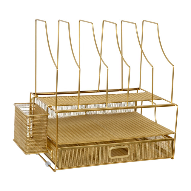 FLASH FURNITURE HHOHD19GLD Martha Stewart Ryder Mesh Metal Large Desktop Organizer With Paper File Letter Holder And Drawer, 7inH x 14-3/4inW x 11-1/2inD, Gold FLASH FURNITURE HHOHD19GLD Martha Stewart Ryder Mesh Metal Large Desktop Organizer With Paper File Letter Holder And Drawer, 7inH x 14-3/4inW x 11-1/2inD, Gold