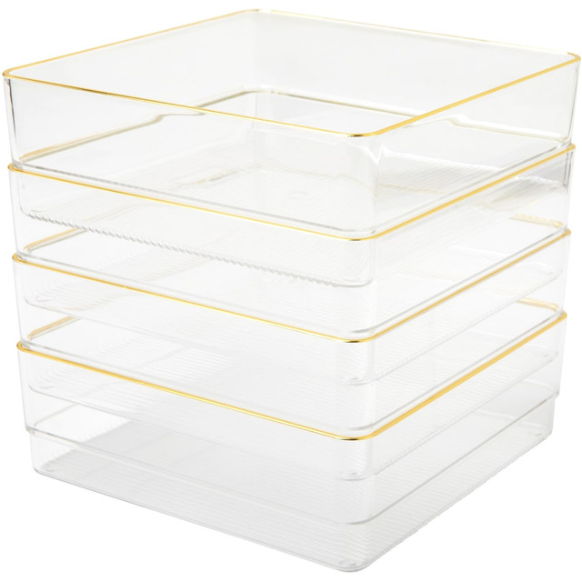 FLASH FURNITURE BEPB9049G4CGD Martha Stewart Kerry Plastic Stackable Office Desk Drawer Organizers, 2inH x 6inW x 6inD, Clear/Gold Trim, Pack Of 4 Organizers FLASH FURNITURE BEPB9049G4CGD Martha Stewart Kerry Plastic Stackable Office Desk Drawer Organizers, 2inH x 6inW x 6inD, Clear/Gold Trim, Pack Of 4 Organizers