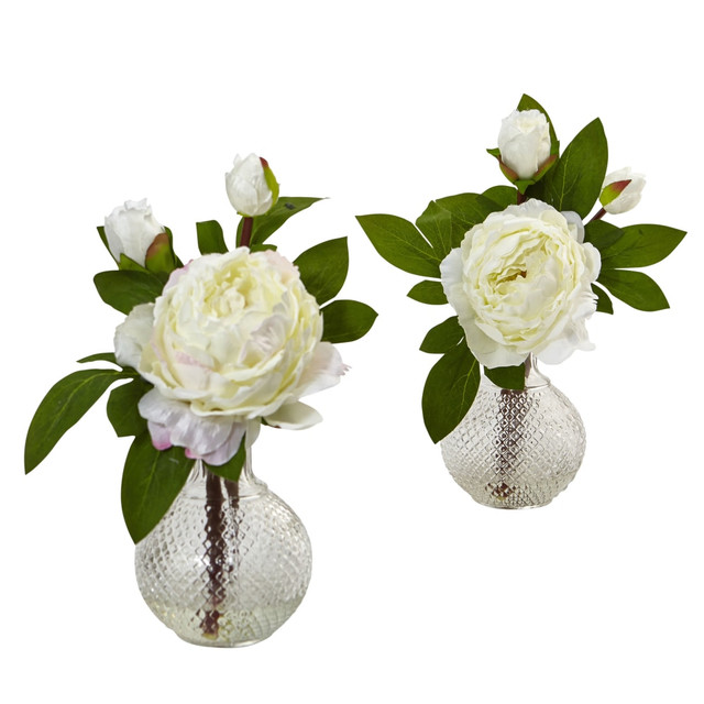 NEARLY NATURAL INC. 4576-S2 Nearly Natural Peony 11-1/2inH Artificial Floral Arrangements With Vase, 11-1/2inH x 9inW x 9inD, White, Set Of 2 NEARLY NATURAL INC. 4576-S2 Nearly Natural Peony 11-1/2inH Artificial Floral Arrangements With Vase, 11-1/2inH x 9inW x 9inD, White, Set Of 2