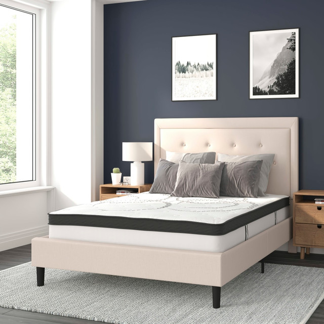 FLASH FURNITURE SLBM1018  Roxbury Tufted Upholstered Platform Bed with 10in CertiPUR-US Certified Foam and Pocket Spring Mattress, Full, 50-3/4inH x 59inW x 81inL, Beige
