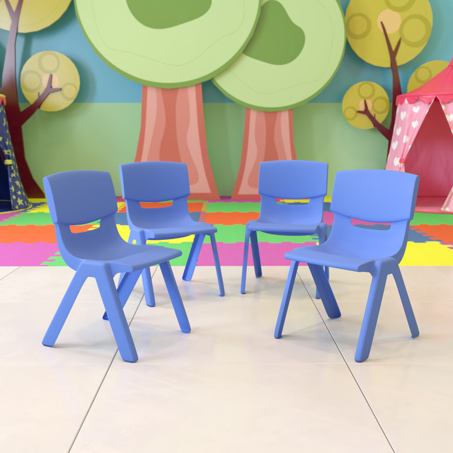 Round out your classroom space with theseFlash Furniture Plastic Stackable School Chairs With 12ft" Seat Height. Each durable chair is made from plastic with a contoured seat for support and comfort.  Overall Dimensions: 22inH x 13-1/4inW x 15inD.  Weight capacity tested to support 176 lb.  Made from durable plastic.  Contoured polypropylene shell.  Chairs can stack up to 10 high for storage.  Recommended for preschool to kindergarten ages.  Save time - no assembly required.